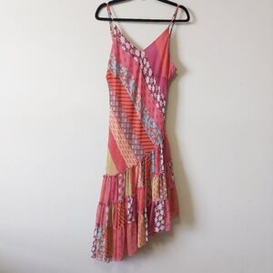Variations Patchwork Slip Dress Size Medium Asymmetrical Hem Babydoll Colorful
